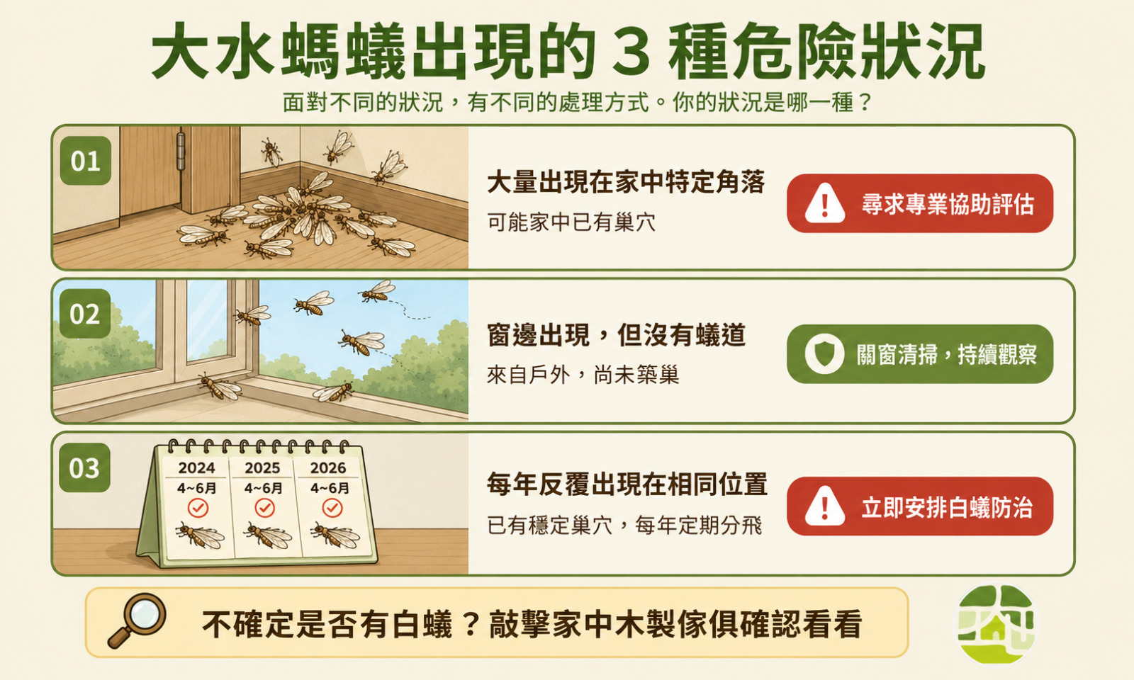 大水螞蟻出現，3種狀況很危急，需立即處理。